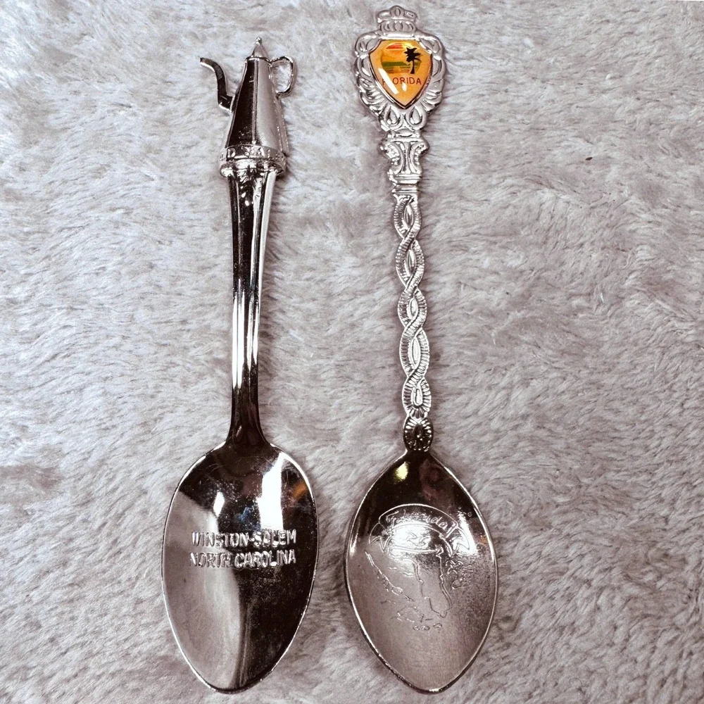 Vintage Souvenir Spoon Set Winston-Salem NC Teapot & Florida State Map Sunset